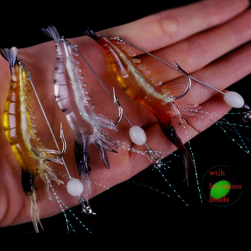 HENGJIA 3pcs luminous night fishing lures sea shrimp soft baits