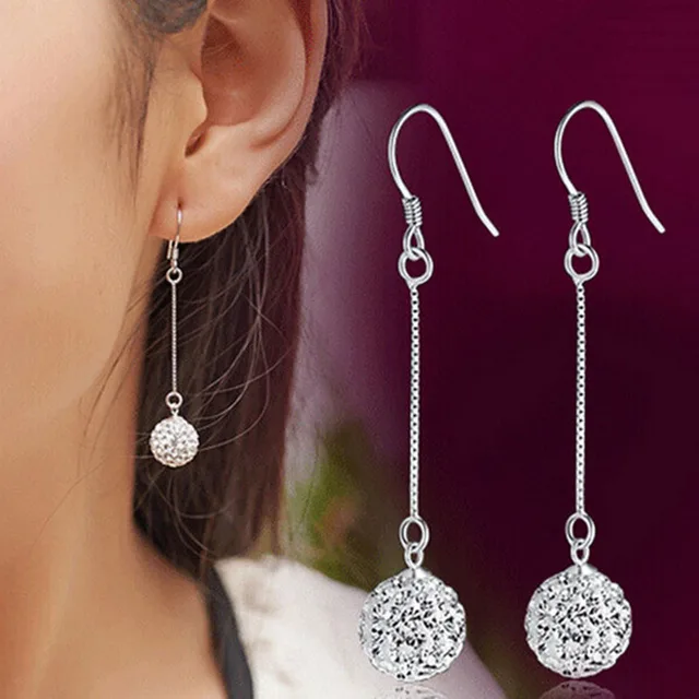 1Pair Shiny Women Silver Hook Crystal Round Drop Long Dangle Earrings