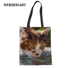 WHEREISART холщовая женская сумка для покупок Kawaii Cat Print Экологичная сумка для путешествий сумка на плечо для девочек многоразовая сумка для рисования