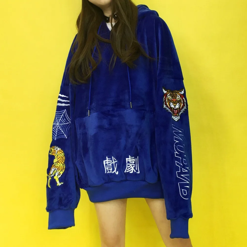 Винтажная толстовка с вышивкой тигра в стиле Харадзюку|hoodie thicken|tiger embroideryoversized hoodie