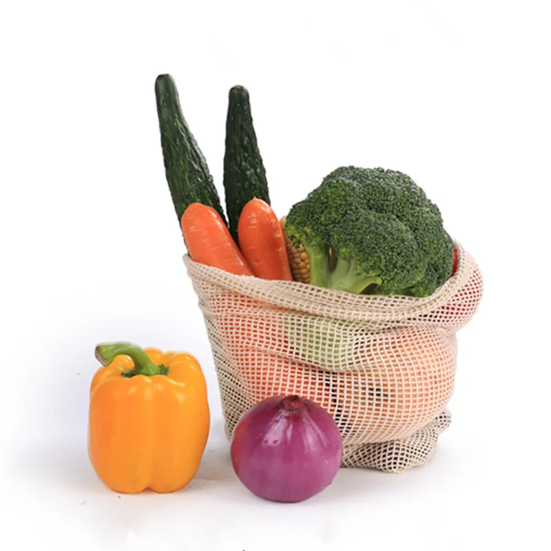 

Vegetable Bags Popular Cotton Fruit And Vegetable With Drawstring Reusable Home 1PC Kitchen Storage Mesh Bags Machine Washable