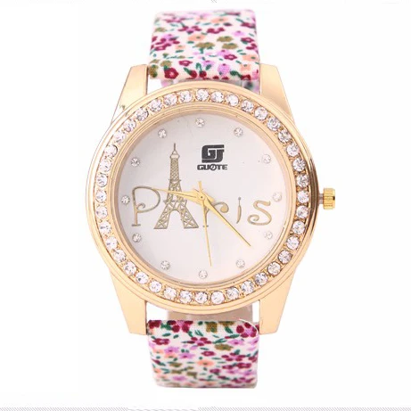 Новинка 2015 модные часы Для женщин элегантный горный хрусталь цветочные кожаный ремешок кварцевые наручные часы платье леди Париж башня