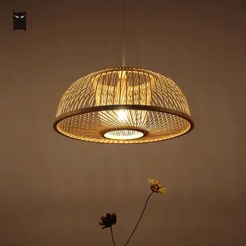 

42cm Hand Woven Bamboo Wicker Rattan Round Line Pendant Light Fixture Chinese Plafon Lustre Luminaire for Study Tea Room Balcony