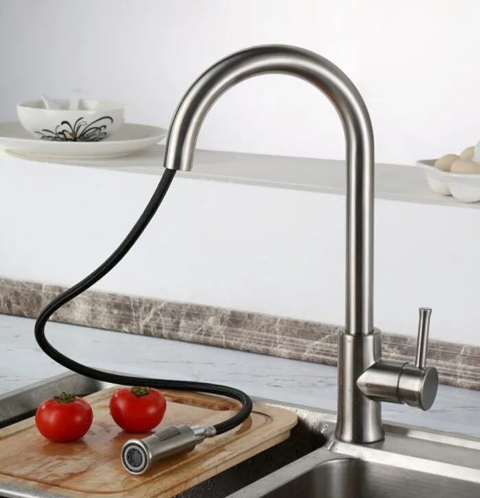 

Free shipping Chrome or brush nickel Finished Pull Out Spring Kitchen Faucet Swivel Spout Vessel Sink Mixer Tap KF001