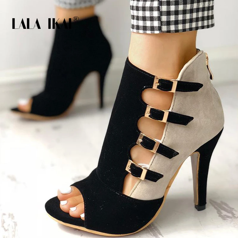 Tanie LALA IKAI moda kobiety sandały letnie nowe gorące kobiece odkryte palce i pięta odsłonięte Toe buty na wysokim obcasie romańskie damskie XWC4204 4