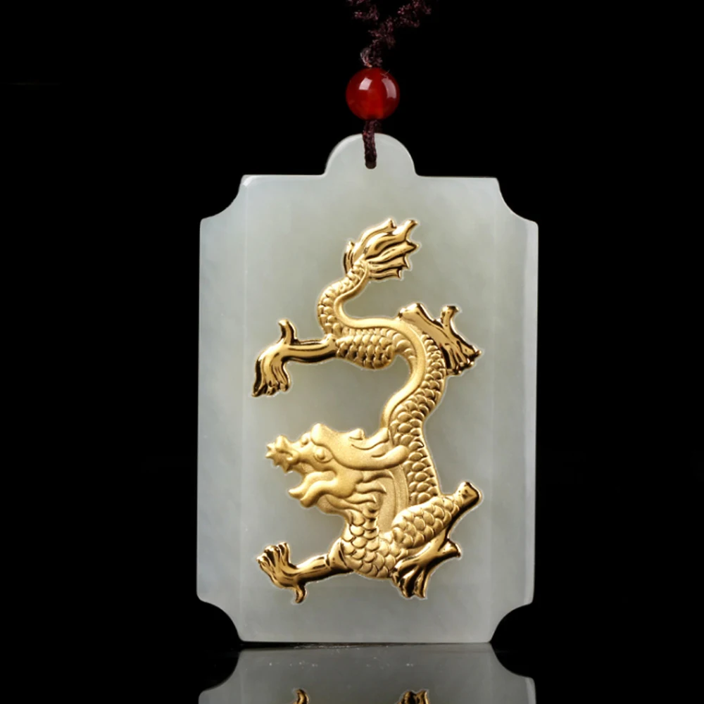 

Drop Shipping Carving Chinese Gold Natural Jade Carved Dragon White Hetian Jade Necklace Pendant