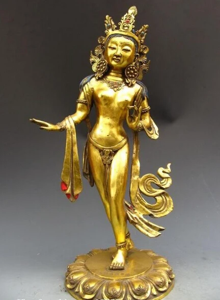 

shitou 002070 Tibetan Fane Bronze Copper Gild Stand Green TaRa Guan Yin Guan Yin Buddha Statue