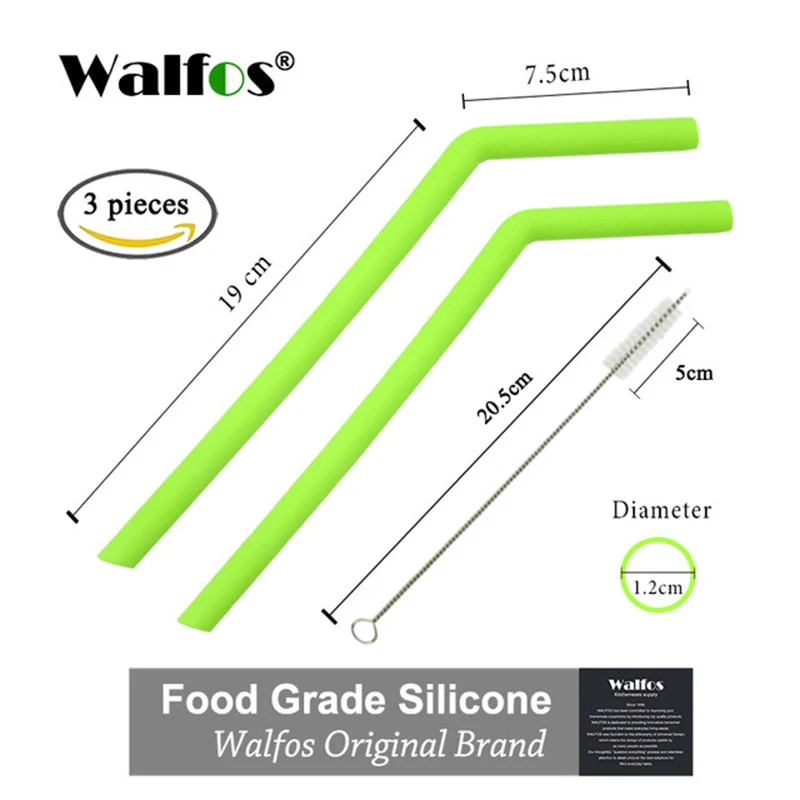 WALFOS 2 шт многоразовые соломинки для питья Пищевая силиконовая соломинка яркая соломинка для питья с чистящей щеткой - Цвет: big green