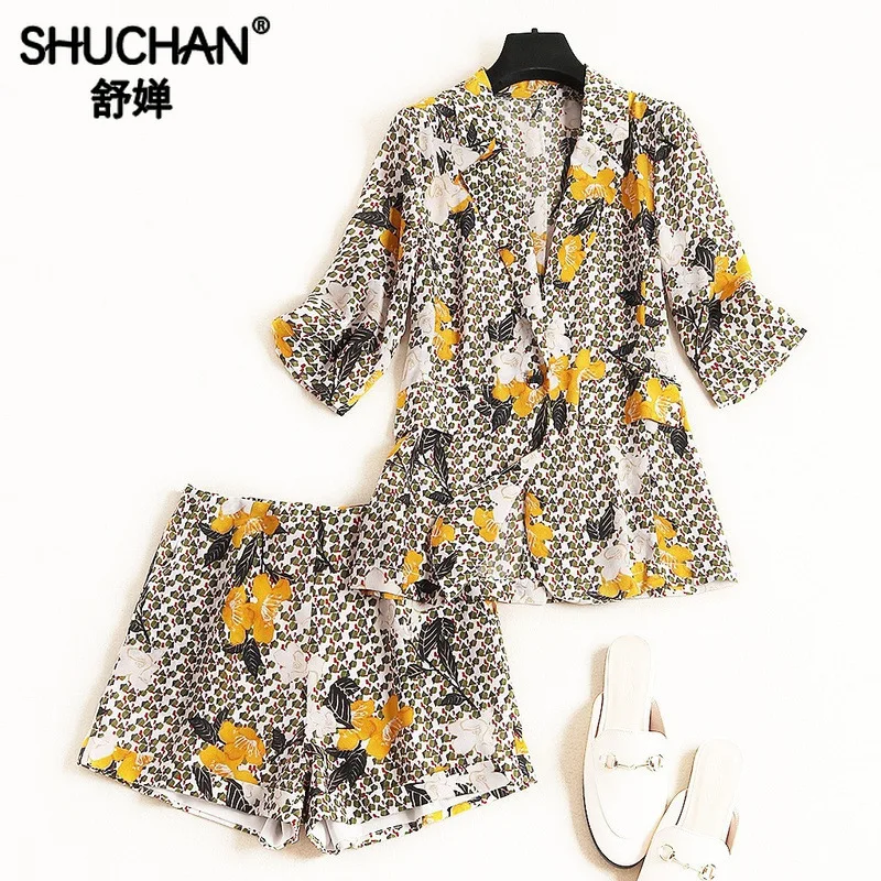

Shuchan Women Sets Clothes Turn-down Collar Office Lady High Quality Matching Sets Natural Silk Blazer+shorts Summer 2019 82047