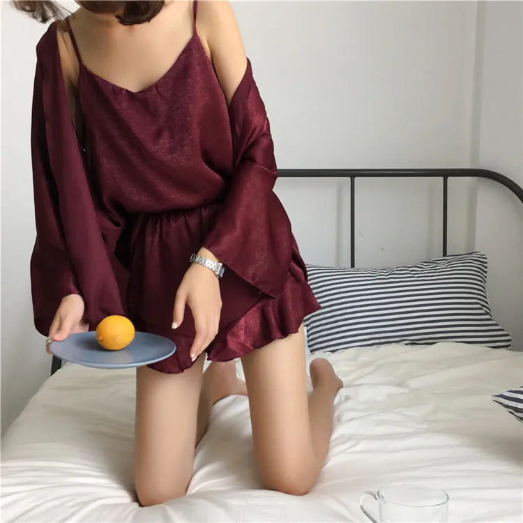 Сексуальные пижамы, атласные пижамы, женские пижамные комплекты, хлопковые пижамы для сна, новинка, пижамы для женщин, 3 штуки, домашняя одежда для женщин