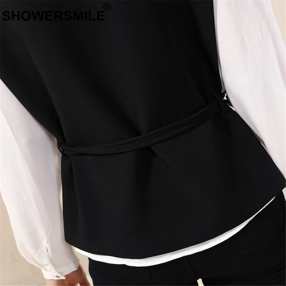 RAINIE SEAN Black Blazer Vest Women Slim Fit Lace Up Formal Sleeveless Jacket Female Adjustable Waist Spring Vests Waistcoat