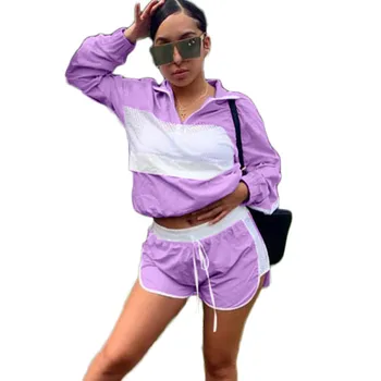 

2019 Women Two Piece Shorts Set Jogger Sweat Suits Long Sleeve Sweatshirt Top and Shorts Mesh Splice Sportswear Casual Tracksuit