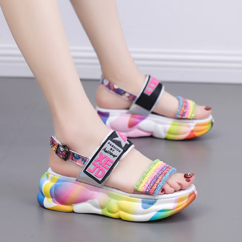 

PADEGAO INS Bright Colored Thick Platform Sandals women 2019 summer fashion mix color rainbow strip wedges shoes woman sandalias