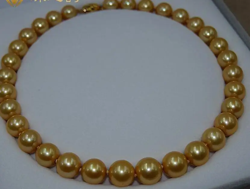 

18''genuine AAA 11-12mm south sea golden pearl necklace 14 Gold Clasp