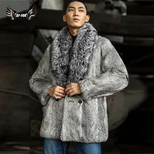 Пальто из натурального меха, Зимние Куртки из натуральной кожи, мужские куртки из меха кролика с воротником из меха серебристой лисы, уличная длинная однотонная парка из натурального меха для мужчин