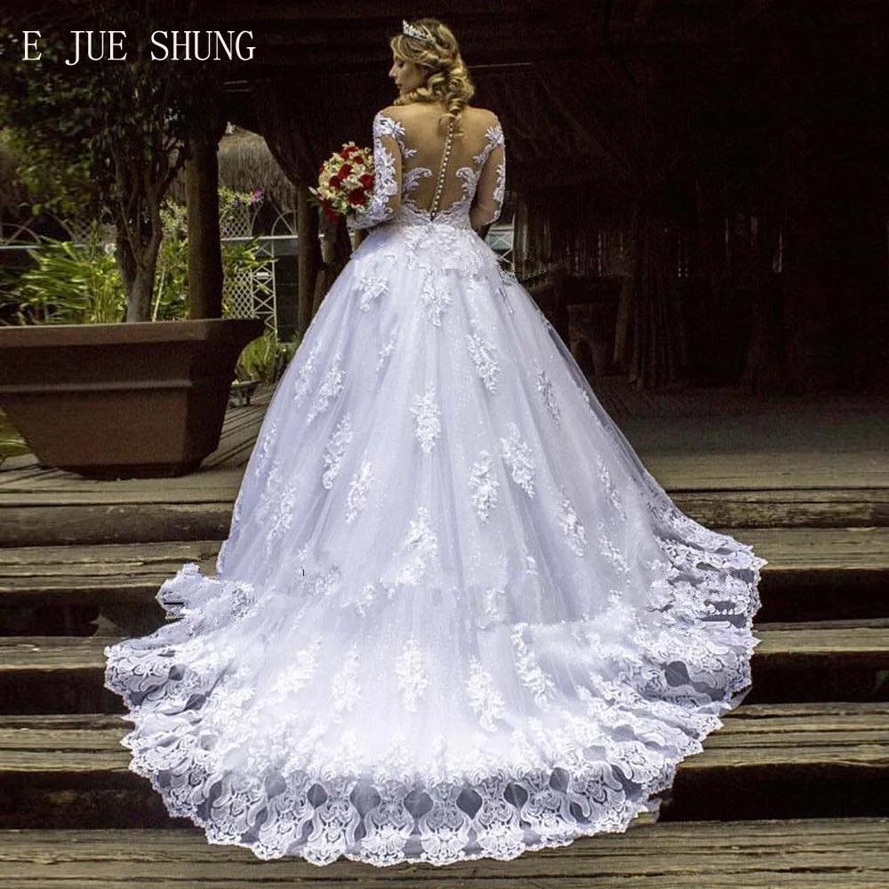 

E JUE SHUNG White Lace Appliques Ball Gown Wedding Dresses Buttons Sheer Back Long Sleeves Bride Dresses robe de mariee