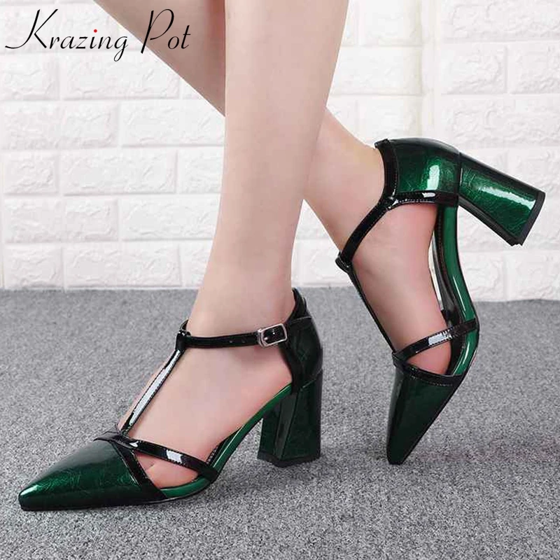 

Krazing Pot new genuine leather solid buckle straps daily wear pointed toe novelty princess hollow office lady Summer pumps L00