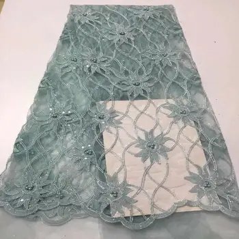 

African Net Lace Fabric High Quality France Tulle With Beads Embroidery Mesh Lace Fabrics For Wedding Dress 5Yards/Lot A2112