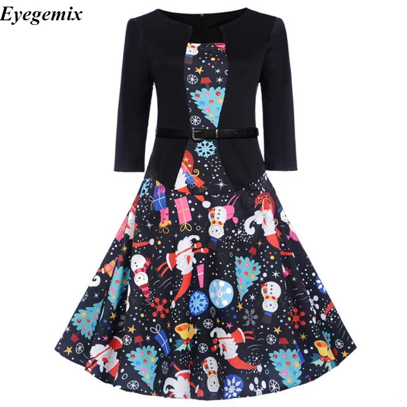 

Christmas Dress Women Winter Dresses 2019 Robes Vintage Pinup Three Quarter Sleeve Santa Snowflakes Printed Office Dress Swing