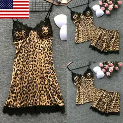 Комплект из 2 предметов, Женская Летняя Сексуальная атласная кружевная Пижама с подтяжками, комплект топа, шорты, леопардовая кукла