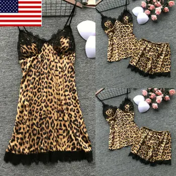 

2pcs Set Women Summer Sexy Satin Braces Lace Camisole Top Shorts Baby doll Leopard Print Night Gown Sleep Dress