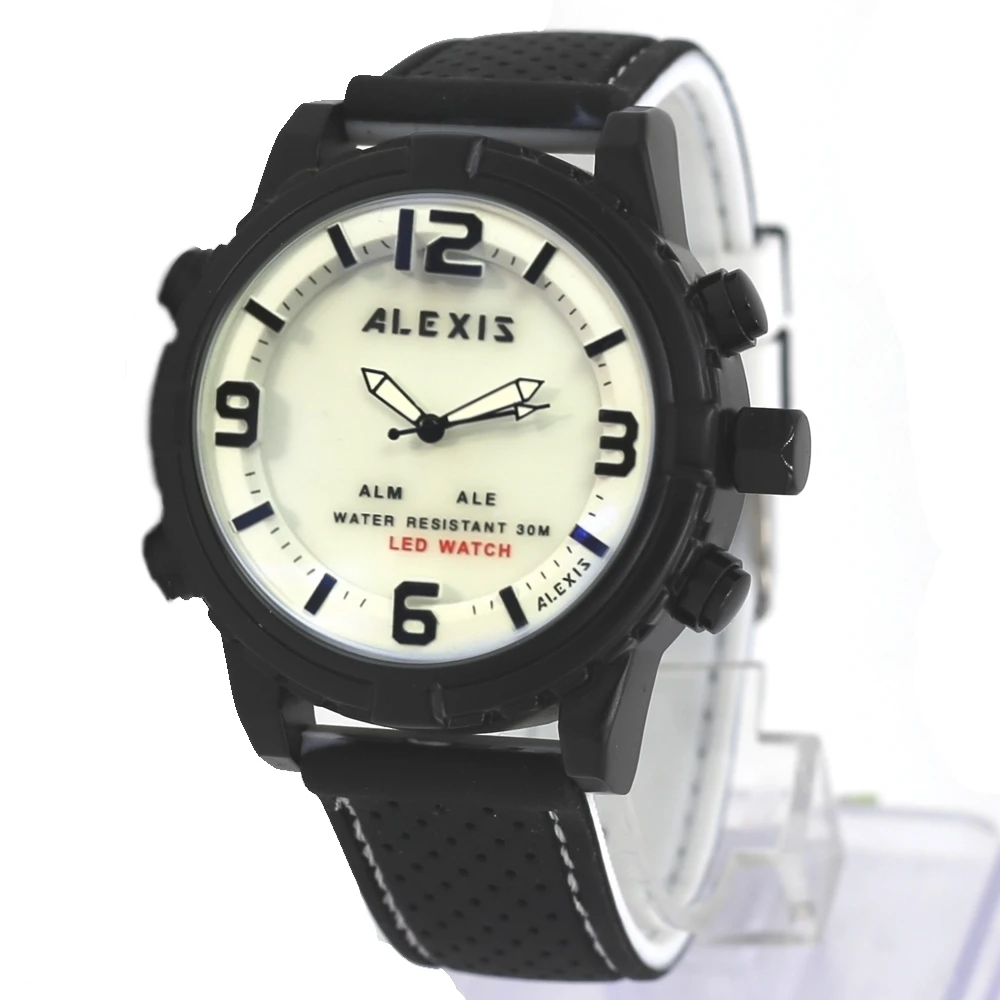 Alexis водостойкие Силиконовые черные часы с двойным циферблатом для мужчин, светодиодные часы montre homme horloge mannen
