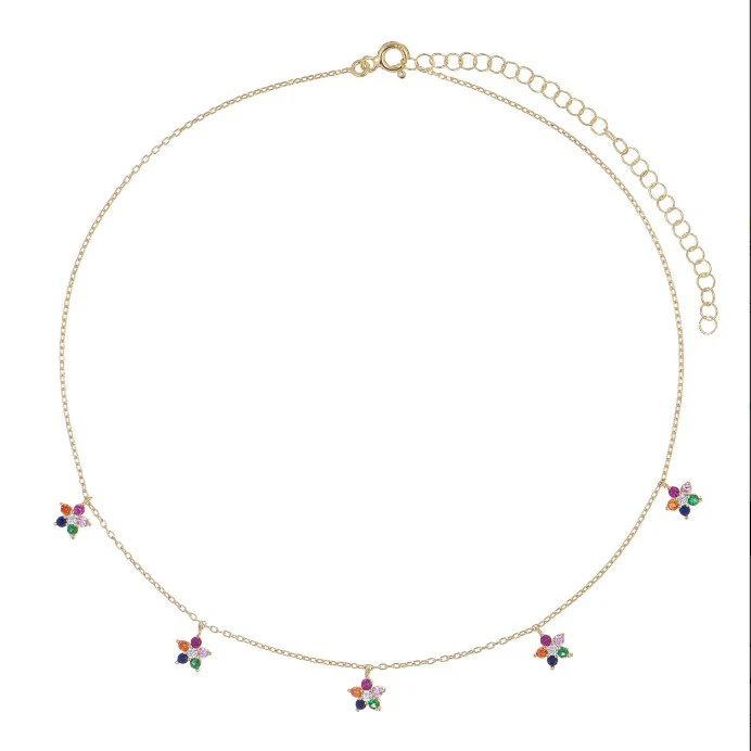 

2019 new design gold color 5 pcs rainbow colorful daisy flower drop charm statement collar necklace trendy