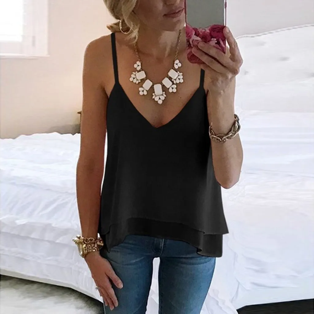 

Summer Women Chiffon Camisole Tops Female Polyester Tanks Sleeveless Basic Solid T shirts With Adjustable Straps