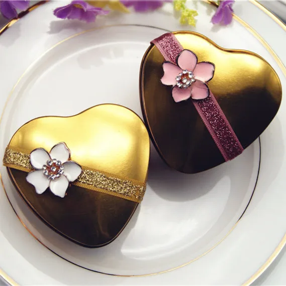

free shipping golden tin heart shape party favor boxes with flower, 52pcs/lots, BY17110601