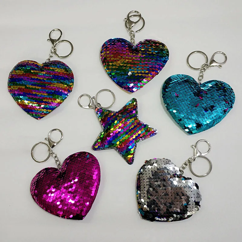 

Fashion Colorful Sequins Heart Shape Reflective Glossy Keychain Car Bags Pendants Jewelry Accessories Gifts Lovely KeyRing