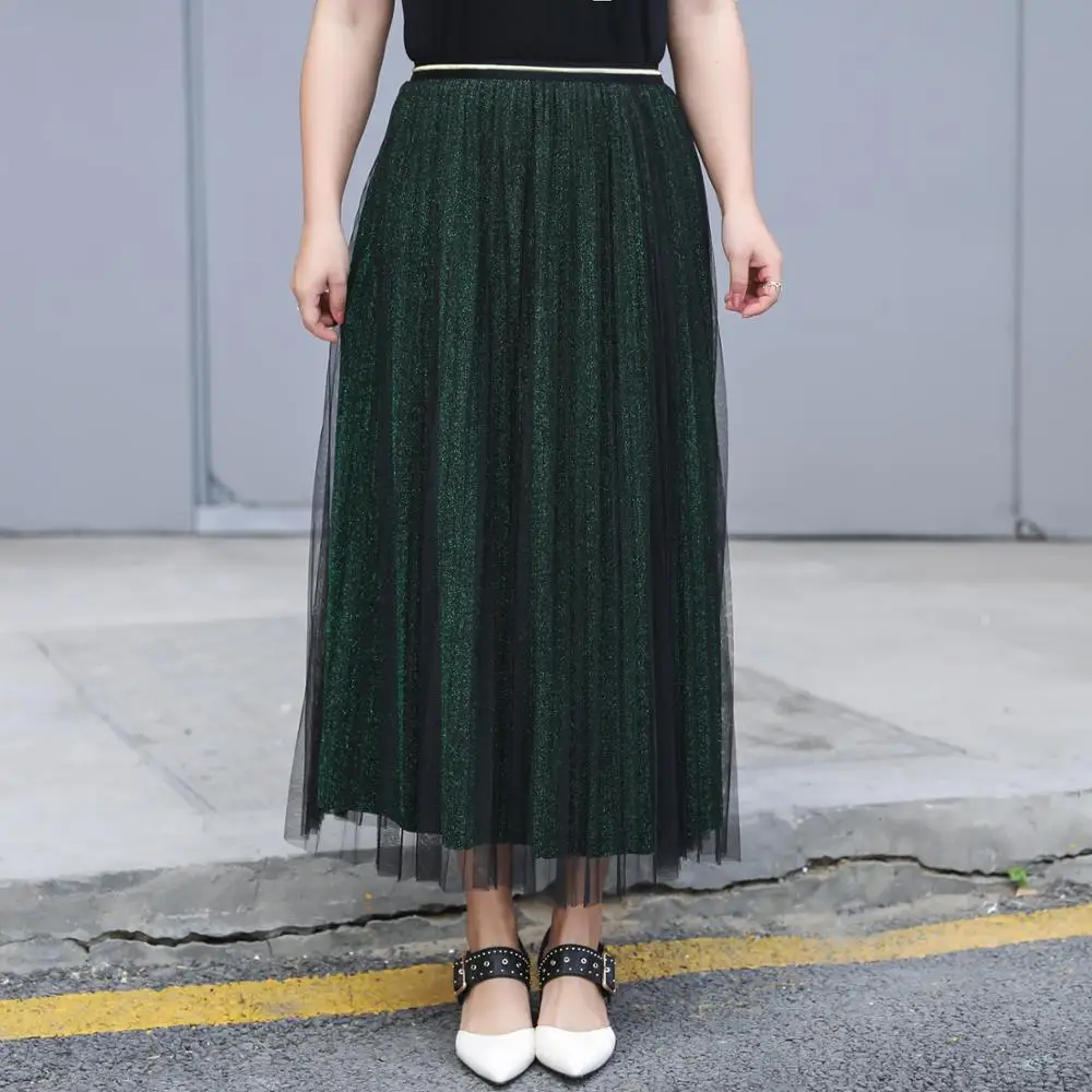 MINSUNDA плюс Размеры гофрированный с сеткой многослойная юбка летние Повседневное Высокая Талия линия элегантный юбка Для женщин сплошная молния Дамская длинная юбка