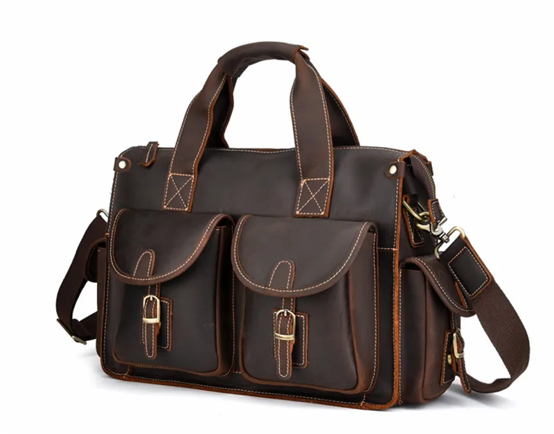 PNDME high quality crazy horse cowhide men's briefcase vintage designer simple multi pocket genuine leather office laptop bag