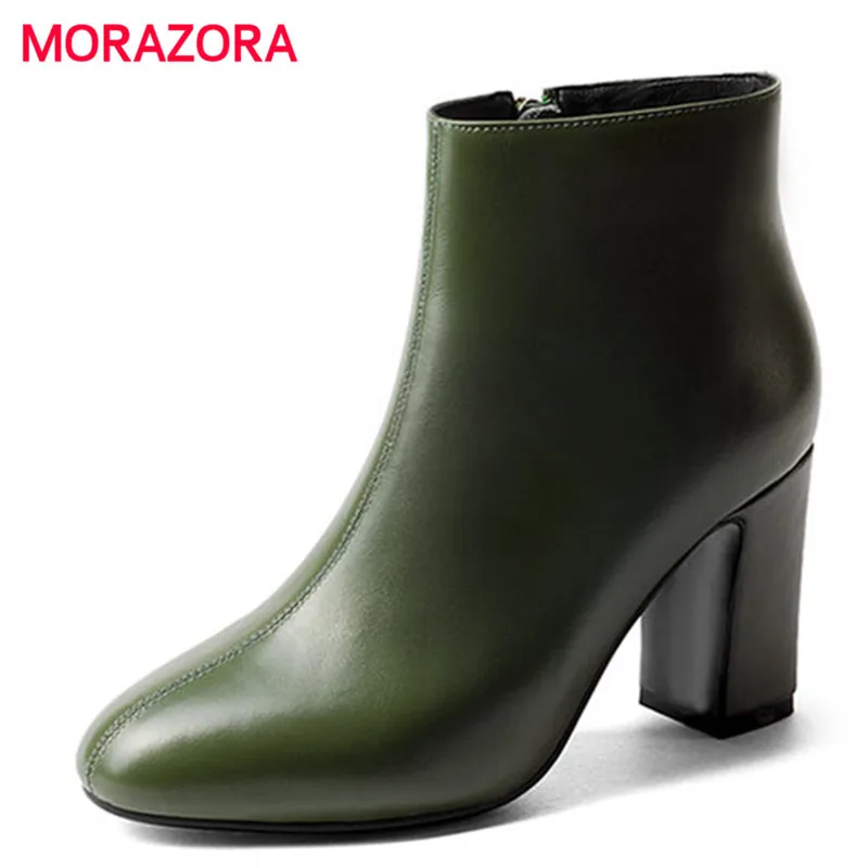 

MORAZORA 2018 new fashion genuine leather boots autumn winter square heel ankle boots for women square toe high heel snow boots