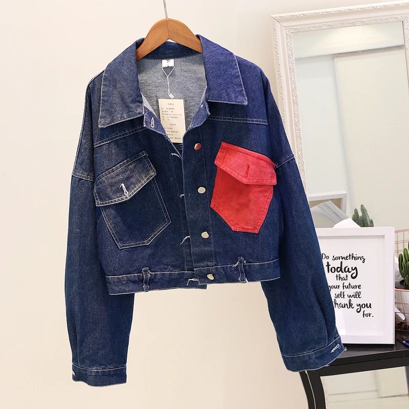Printemps Femmes Manteau Nouvelles De Et Grande Blue red Denim Taille Couture Velours Lâche Manteaux 2018 Dark Courte Étudiant En Automne Longues Côtelé À Manches Jeans Veste CqddI
