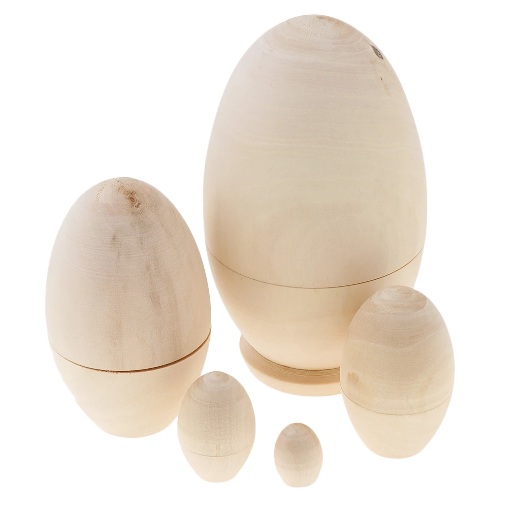 5 Pieces Unpainted Wooden Egg Russian Stacking Dolls Natural Wood Color Babushka Matryoshka Kids Birthday Gift