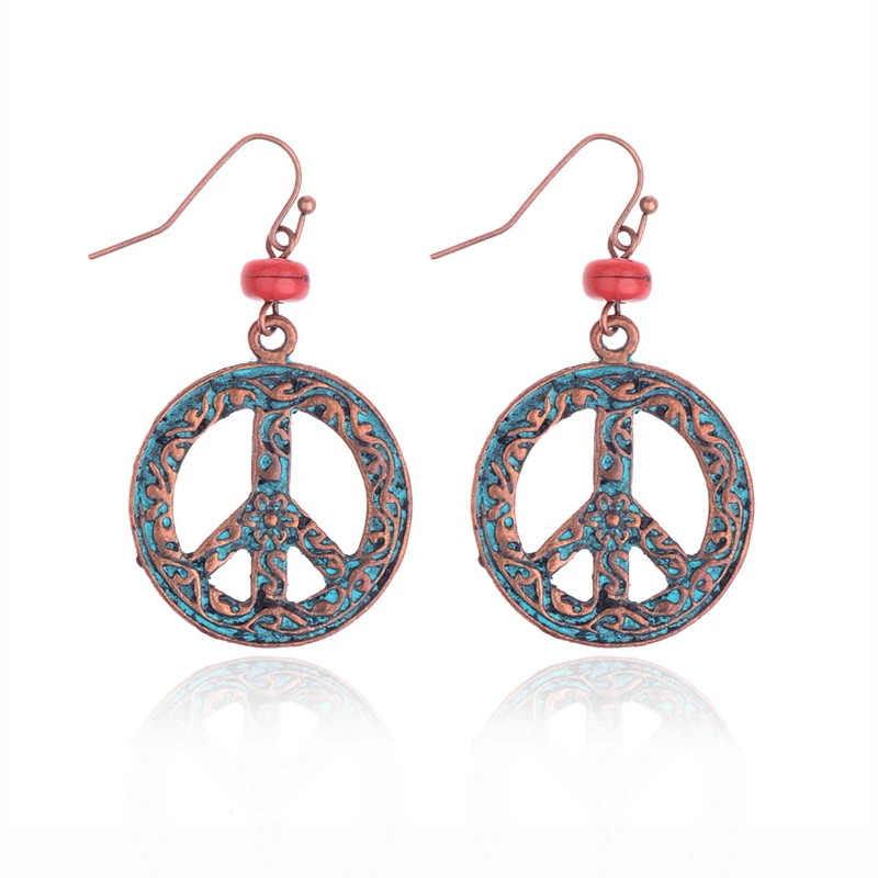 

DOUVEI New Design Round&Aircraft Peace Symbol Earrings For Women Ethnic Alloy Carved Verdigris Drop Earrings HQE821