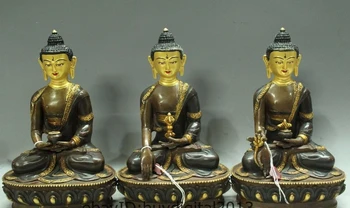 

8Tibet Buddhism Fane Bronze Gilt Sakyamuni Shakyamuni 3 Gods Buddha Statue Set
