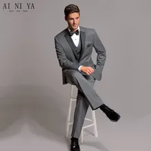 Изготовленный На Заказ Темно-серый мужской свадебный смокинг со штанами gкомнатами тупым ОТВОРОТОМ одна пуговица куртка+ брюки+ галстук+ жилет