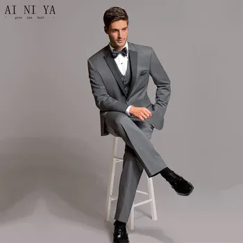 

Custom Made Dark Gray Mens Tuxedos Wedding Suits With Pants Grooms Notch Lapel One Button Jacket + Pants+Tie +Vest