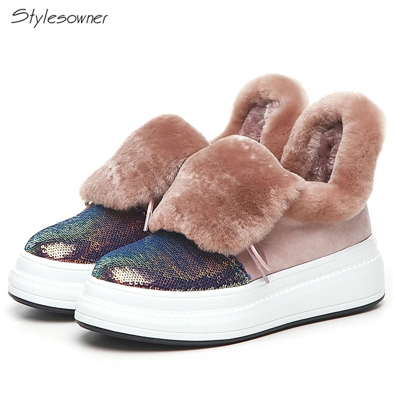 

Stylesowner New Fashion Bling Bling Winter Boots Fold Lace Up Ankle Boots For Women Round Toe Snow Boots Comfortable Winter Shoe