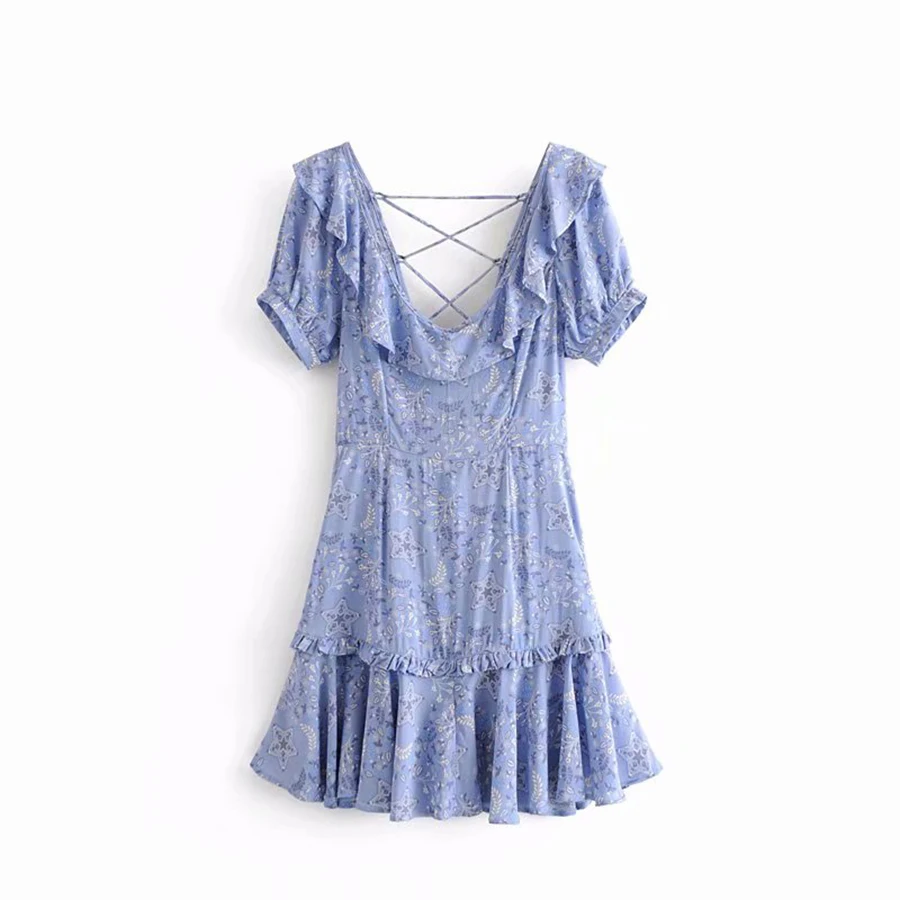 TEELYNN Blue Boho dress rayon Floral print Sexy back hollow dresses Hippie short summer Dresses chic mini beach women Dress 2018
