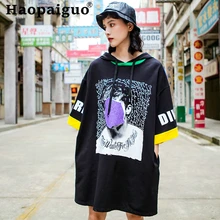 Missing Print Black Casual Dresses for Women Hoodes Half Sleeve Loose Mini Dresses Ladies Oversized T Shirt Dress with Cap Missing Print Black Casual Dresses for Women Hoodes Half Sleeve Loose Mini Dresses Ladies Oversized T Shirt Dress with Cap