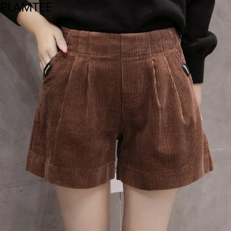 PLAMTEE S 5XL Corduroy Women High Waist Shorts 2017 Autumn Solid Color