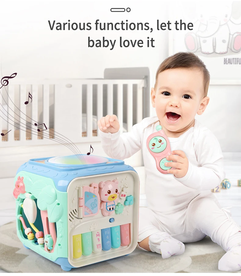 Cubo de Atividades Educativo para Bebês de 0-12-24 Musicais Brinquedo Meses Iluminação Sonora 2 Instrumento musical de brinquedo