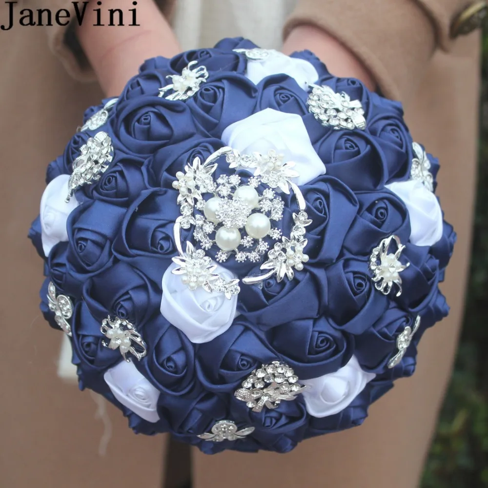 JaneVini Vintage Navy Blue Brooch Bridal Bouquet With Crystal Satin Rose Artificial Flower Wedding Bouquets bride Beaded Bouquet