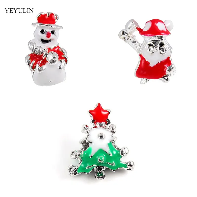 

Christmas Series Red Green Enamel Snowman Christmas Tree Big Hole Loose Spacer Beads Fit Bracelet DIY Making