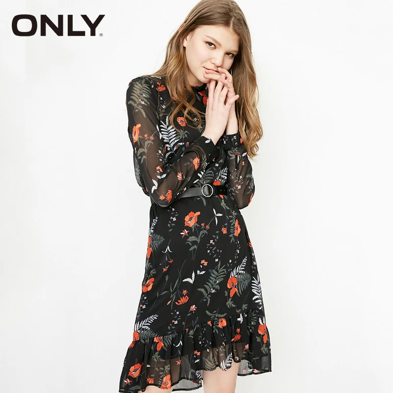 

ONLY Brand 2019 Spring Summer Dress Women Beach Dress Ruffled Floral Chiffon Long-sleeved Dress |118107519