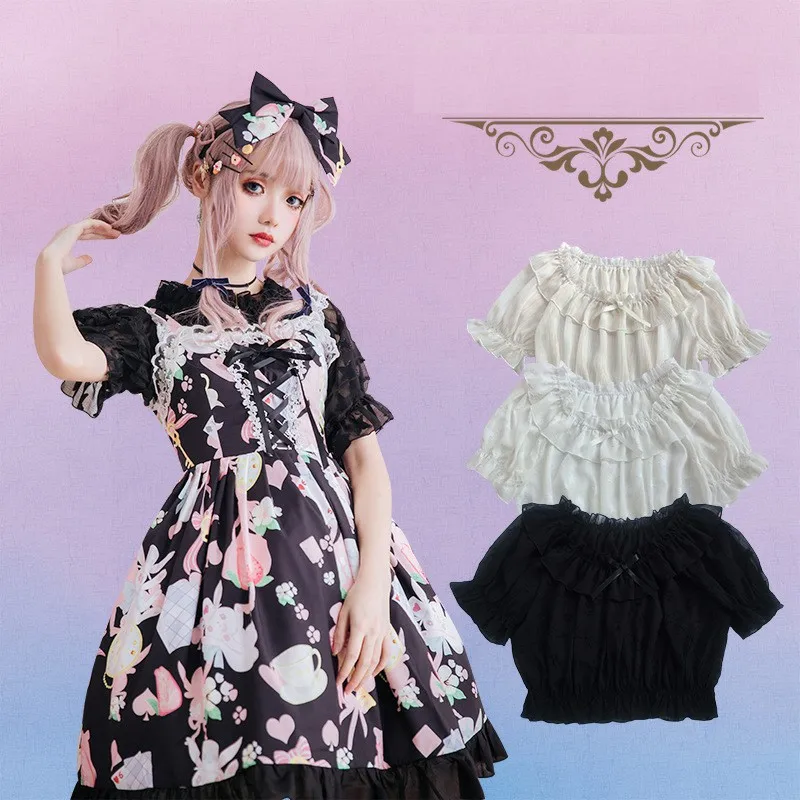 

2019 New Lolita Chiffon fall in the shoulder elastic hubble-bubble sleeve lace Star printing render wipes bosom shirt LZJ-C038