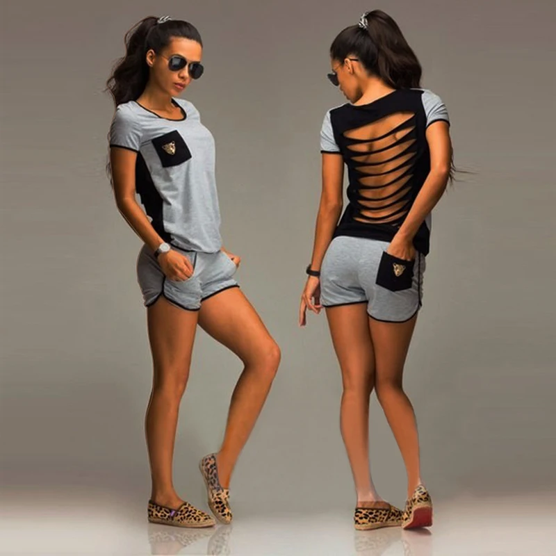 Hollow Out Backless T Shirt Two Pieces Set Women Clothing