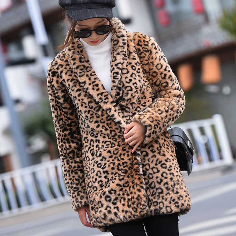 GOPLUS, зимнее леопардовое пальто из искусственного меха, женское сексуальное Пышное толстое теплое длинное пальто с v-образным вырезом, элегантная верхняя одежда с карманами, Женское пальто